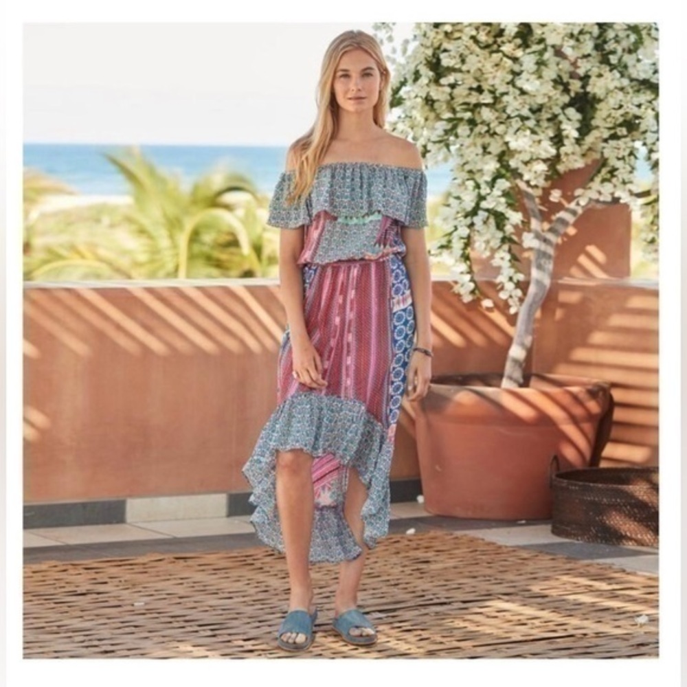 Feathers by Tolani, off the shoulder, hi-low, sleeveless, midi dress, 8